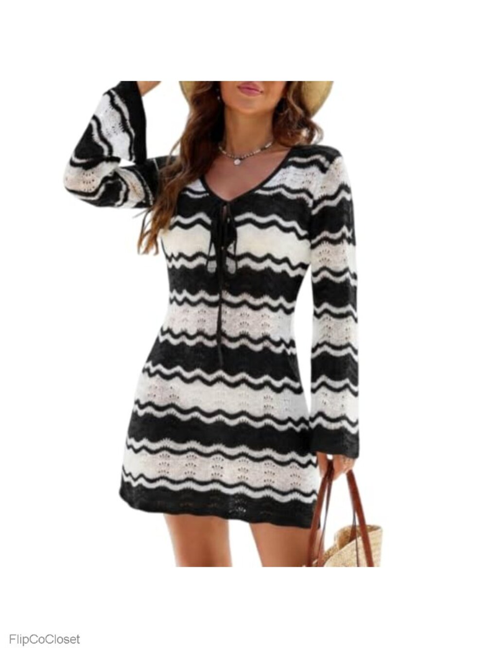 Crochet Knit Swimsuit Cover Up Long Sleeve V-Neck Beach Dress
